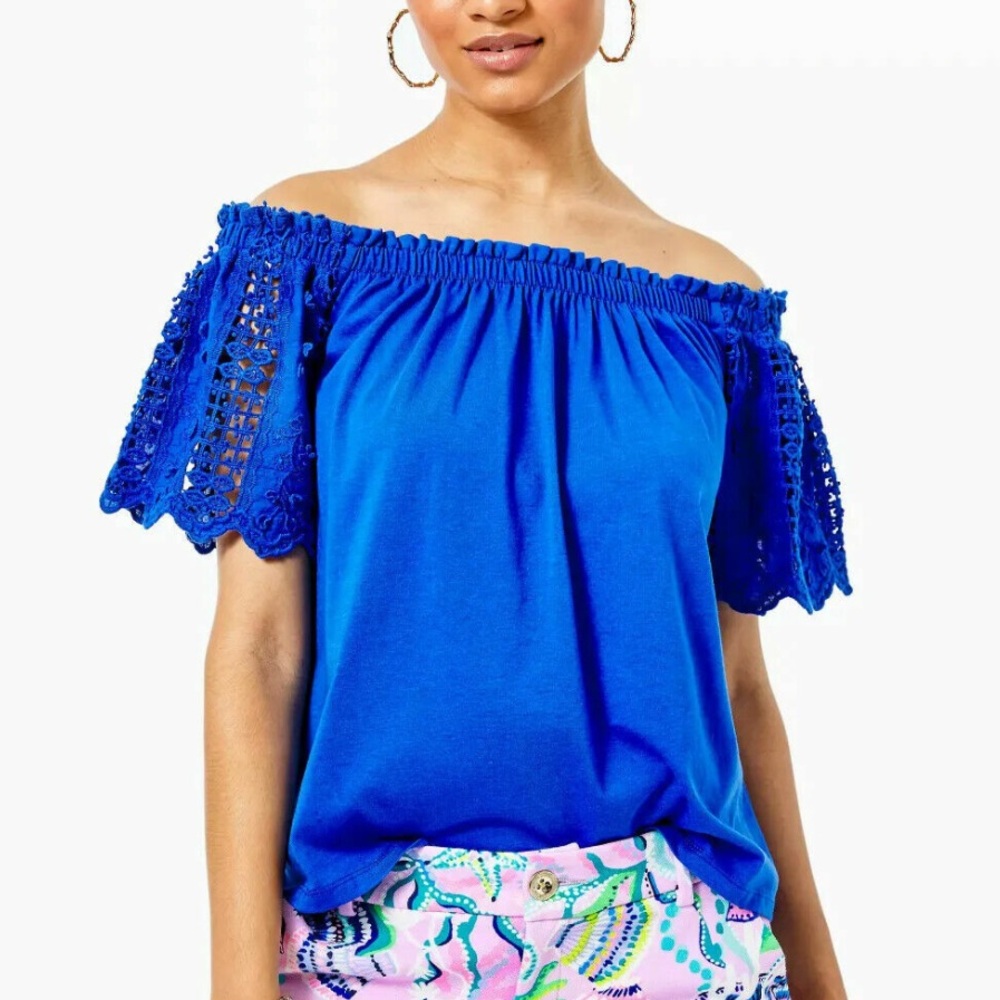 Lilly Pulitzer Fayette Top MEDIUM Blue Off Shoulder Lace Sleeve Cotton Blend